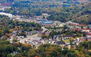 a view of Appalachian State University and the surrounding mountains from above